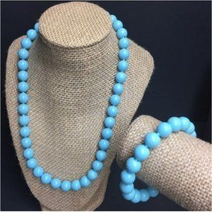 VTG Pop Bead Necklace Bracelet Light Blue Round Adjustable Retro